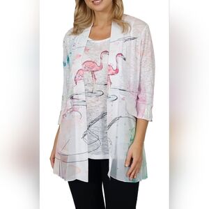 Impulse California Flamingo Printed Cardigan White Pink Sequin 3/4 Sleeve Sz M